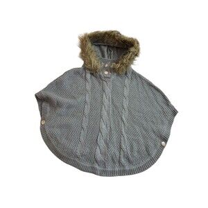 Little Lass Girls Gray  Poncho Wrap Shawl Sweater Cable Knit Faux Fur Hood Sz 3T